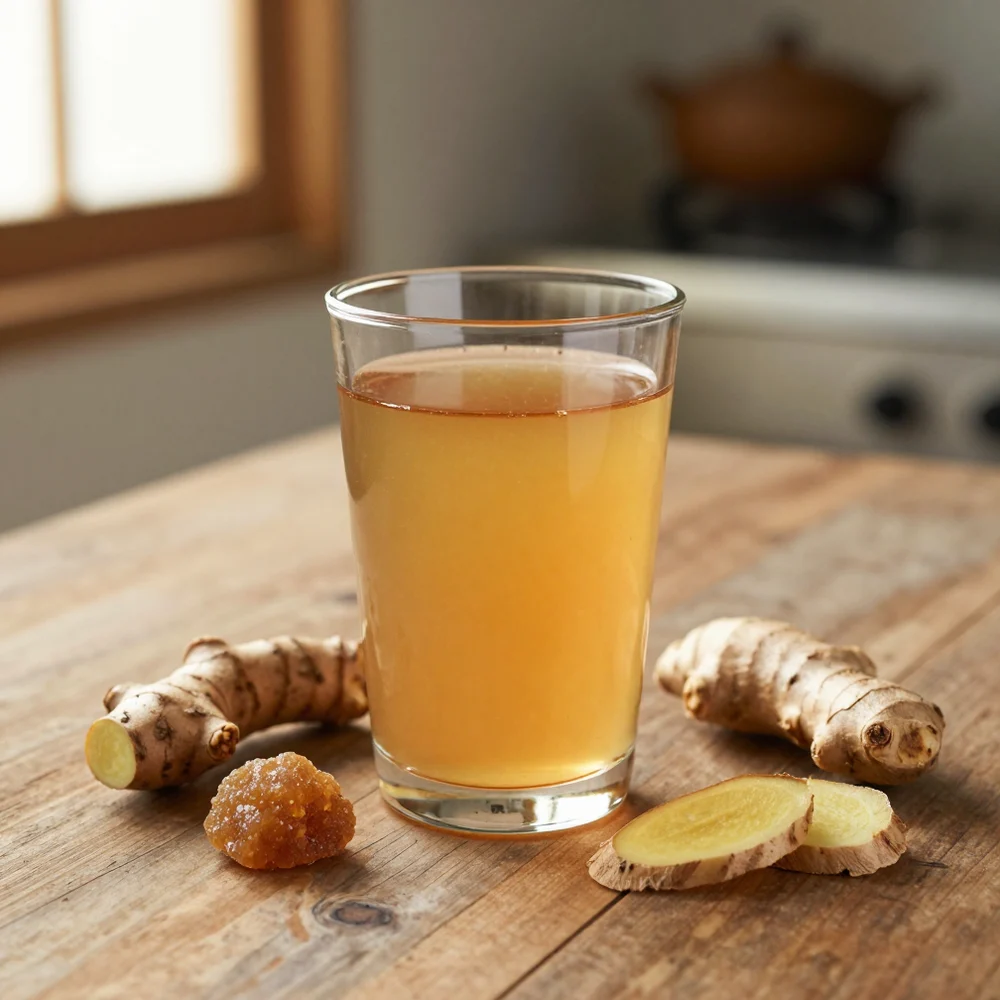 Gelas jamu temulawak di meja; foto stok