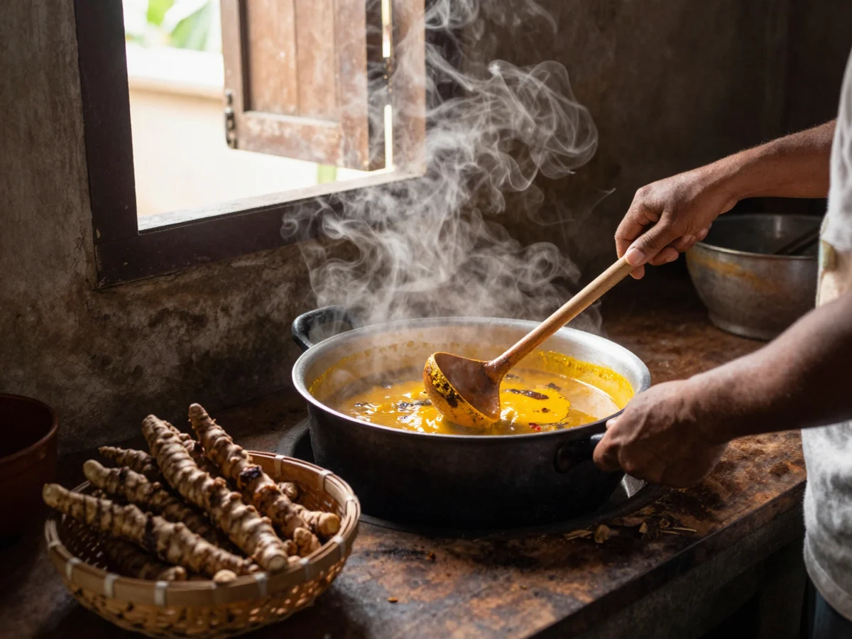 Peracik jamu merebus rempah di dapur; foto stok