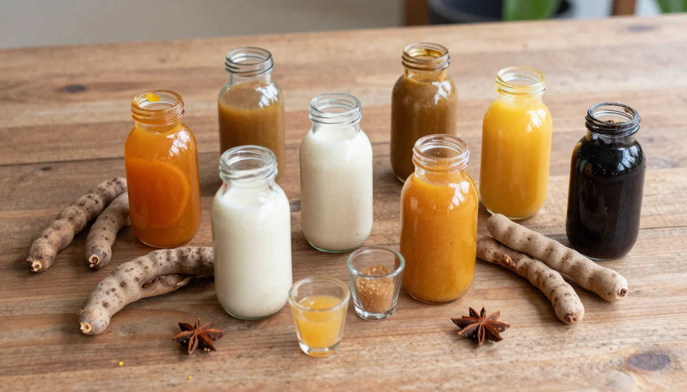 Aneka botol jamu tradisional di meja; foto stok