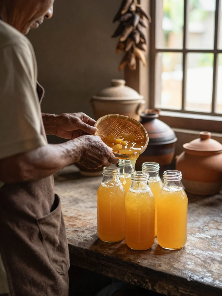 Peracik jamu berapron cokelat; foto stok