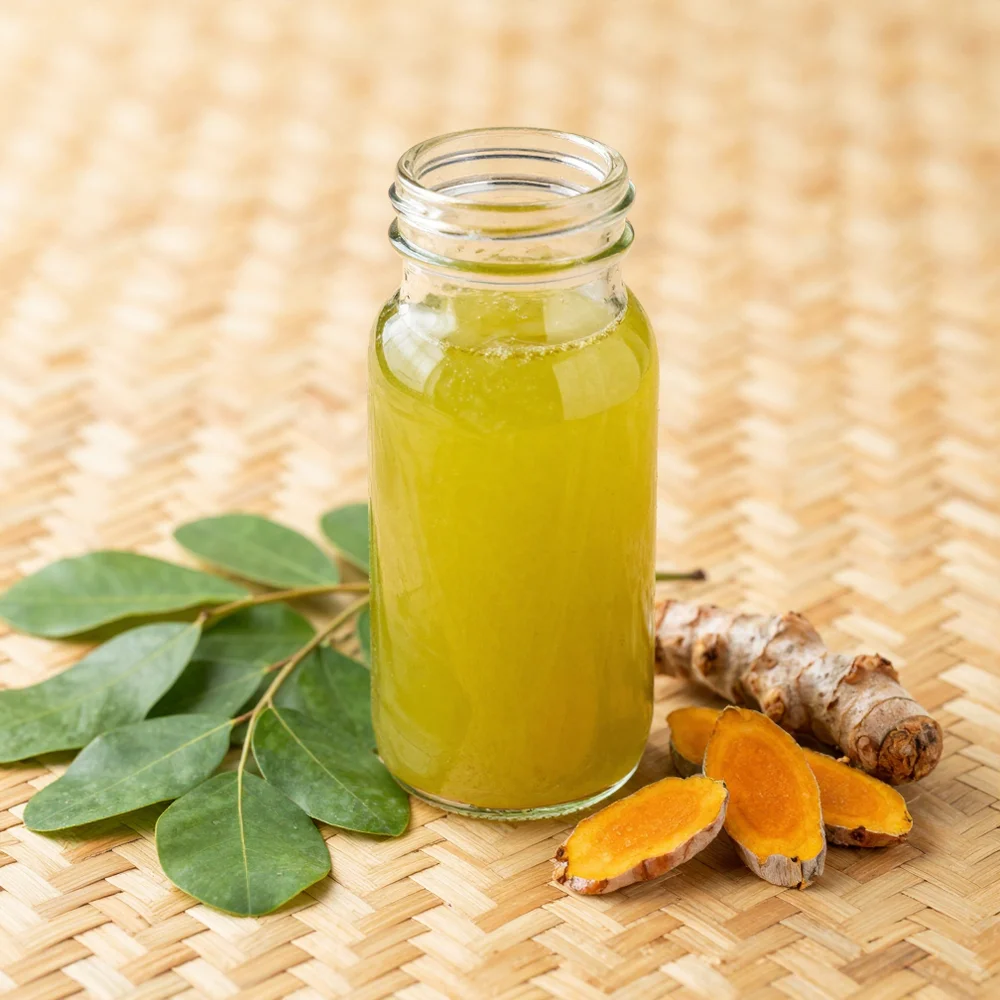 Botol jamu sinom berwarna kuning; foto stok