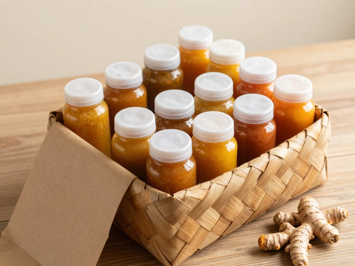 Deretan botol jamu untuk paket kantor; foto stok
