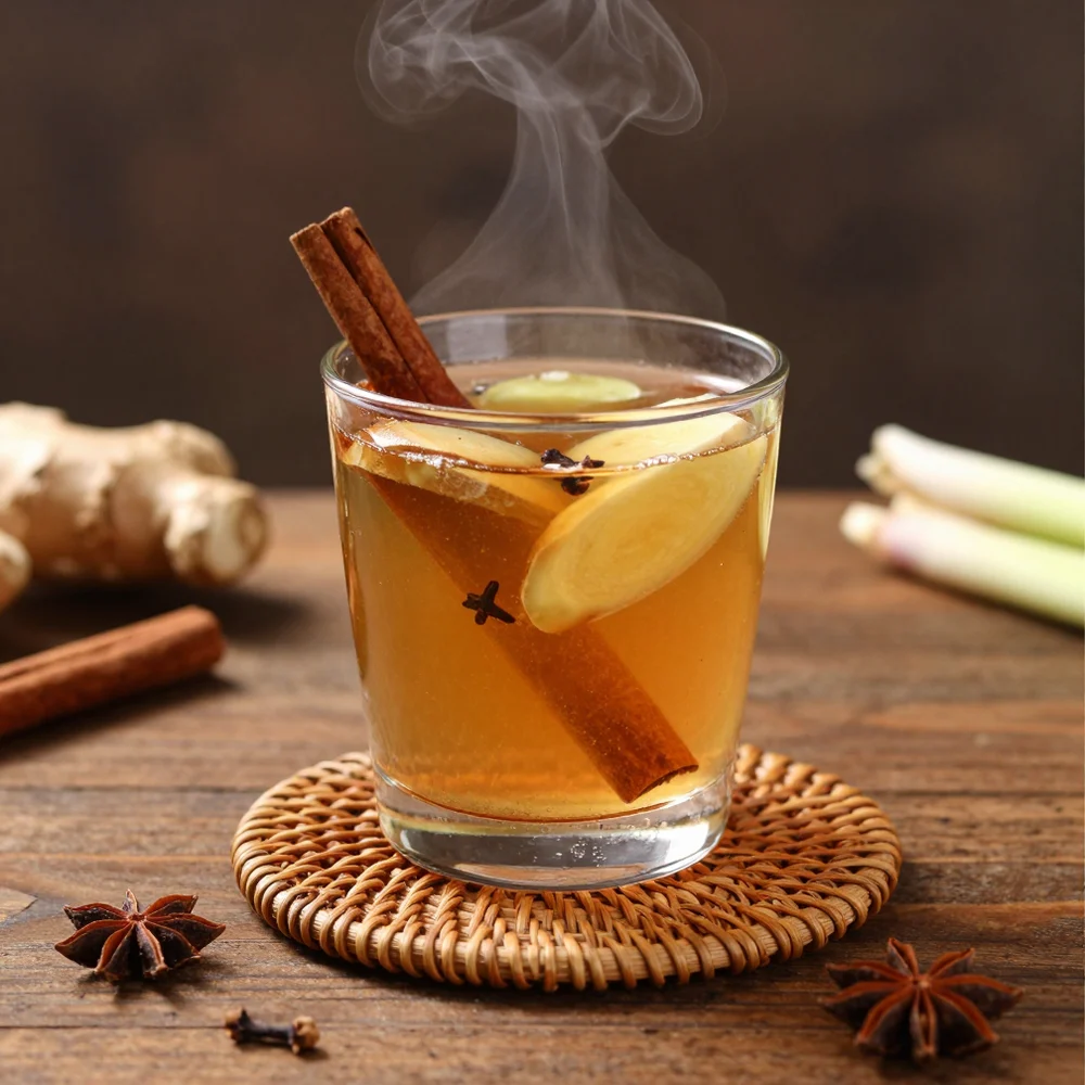 Wedang rempah hangat dalam gelas; foto stok